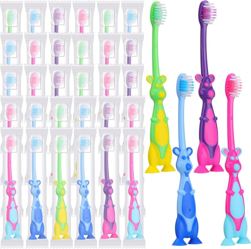 Bokon 300 Pcs Kids Toothbrushes Soft Bristle and Cute Panda Rubber Handles for Toddler Includes Travel Covers, Individually Wrapped 4 Colors Toothbrush for Kid Home School Daycare Oral Camp