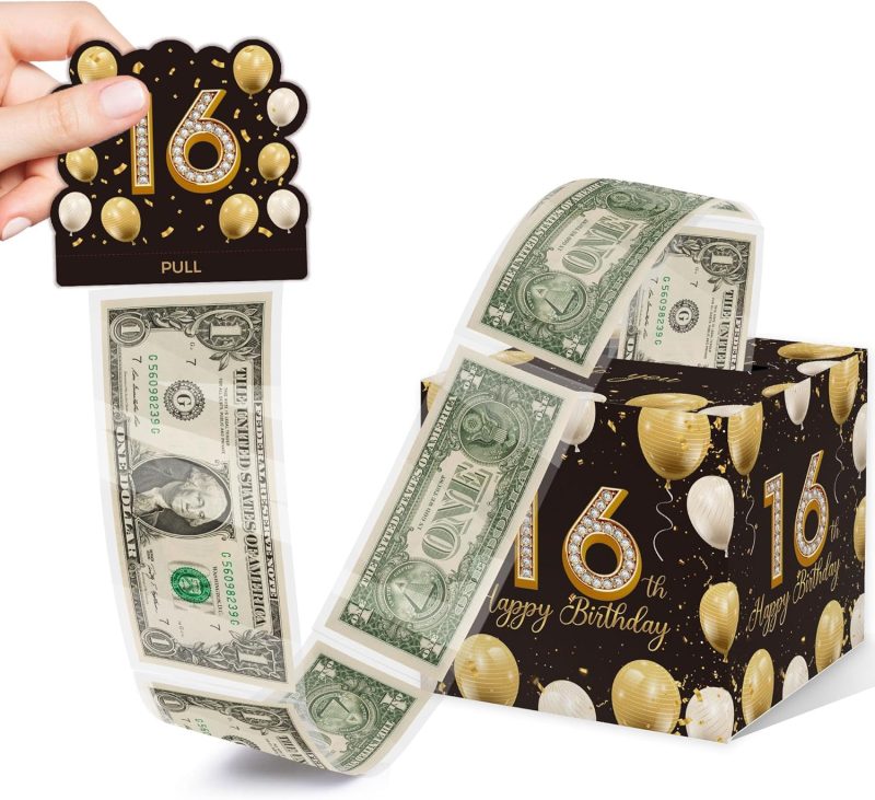 16th Birthday Money Box for Cash Gift, Surprise Pull Out Money Gift Box with 50Pcs Transparent Bags - Fun Ways to Give Cash as A 16th Birthday Gift for Girls Boys 