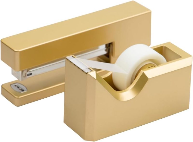 Acrylic Gold Tape Dispenser & Desktop Stapler, Includes Staple Remover, Tape, 1000pcs Staples - Cute Office Stapler Set for Modern Design Desk Accessory Kit 