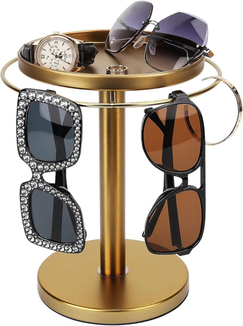 LSK Metal Sunglasses Organizer, Glasses Holder Stand with Storage Tray, Eyeglasses Holder with Anti-Slip Pads for Tabletop, Desk, Dresser, Matte Black 