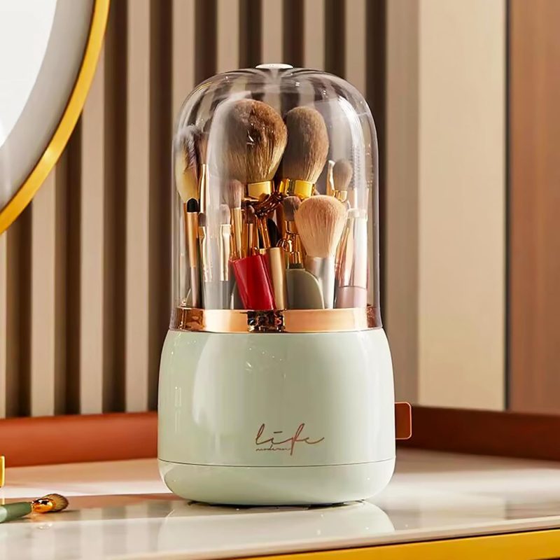 Rotating Makeup Brush Holder with Lid – Dustproof Vanity Organizer for Makeup Brushes, Bonus Foldable Makeup Brush Cleaner Bowl Included, Elegant White Storage Solution