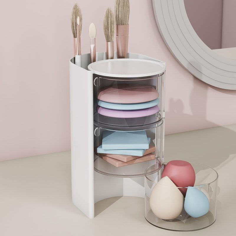 FABROK 3-Layer Clear Hair Accessories Organizer with Hair Brushes Holder, Rotatable Small Jewelry Box for Clip Earring Necklaces, Desktop Organizer Case for Cotton Swab, Accessories