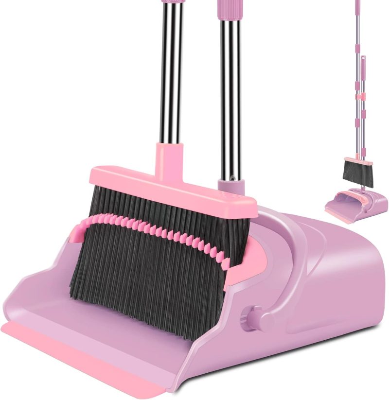 Upgrade Broom and Dustpan Set, Self-Cleaning with Dustpan Teeth, Indoor&Outdoor Sweeping, Ideal for Dog Cat Pets Home Use, Stand Up Broom and Dustpan